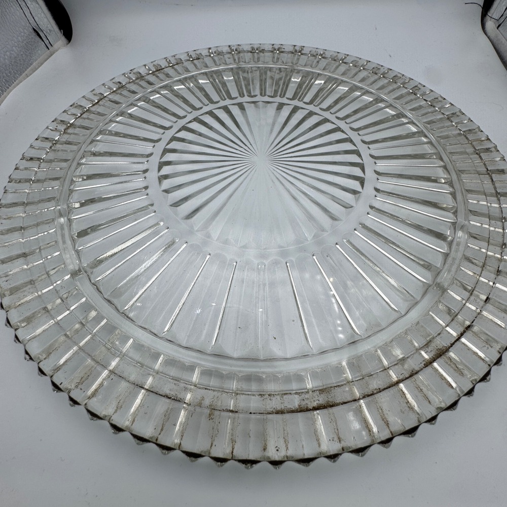 Vintage Depression Glass Platter Clear Round Pressed Sunburst Rib Sawtooth 11 in